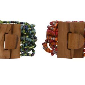 2 Multi Color Seed BEAD BEADED Multi Layered Bracelet with Wooden Lock